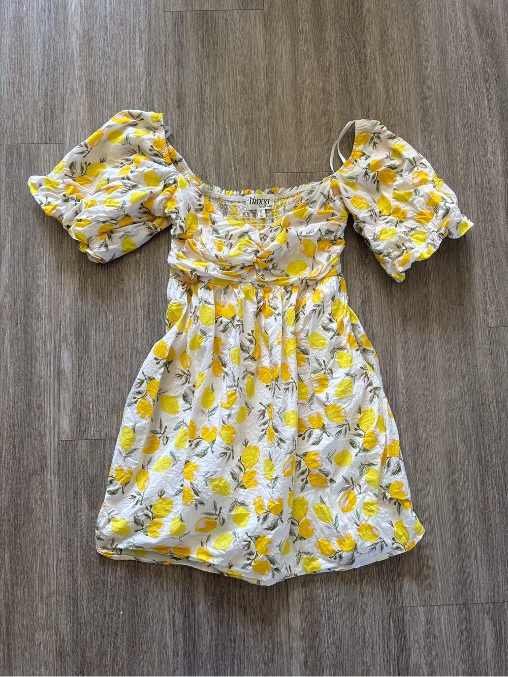 Trixxi White Mini Dress with Yellow Lemon Print and Puff Sleeves